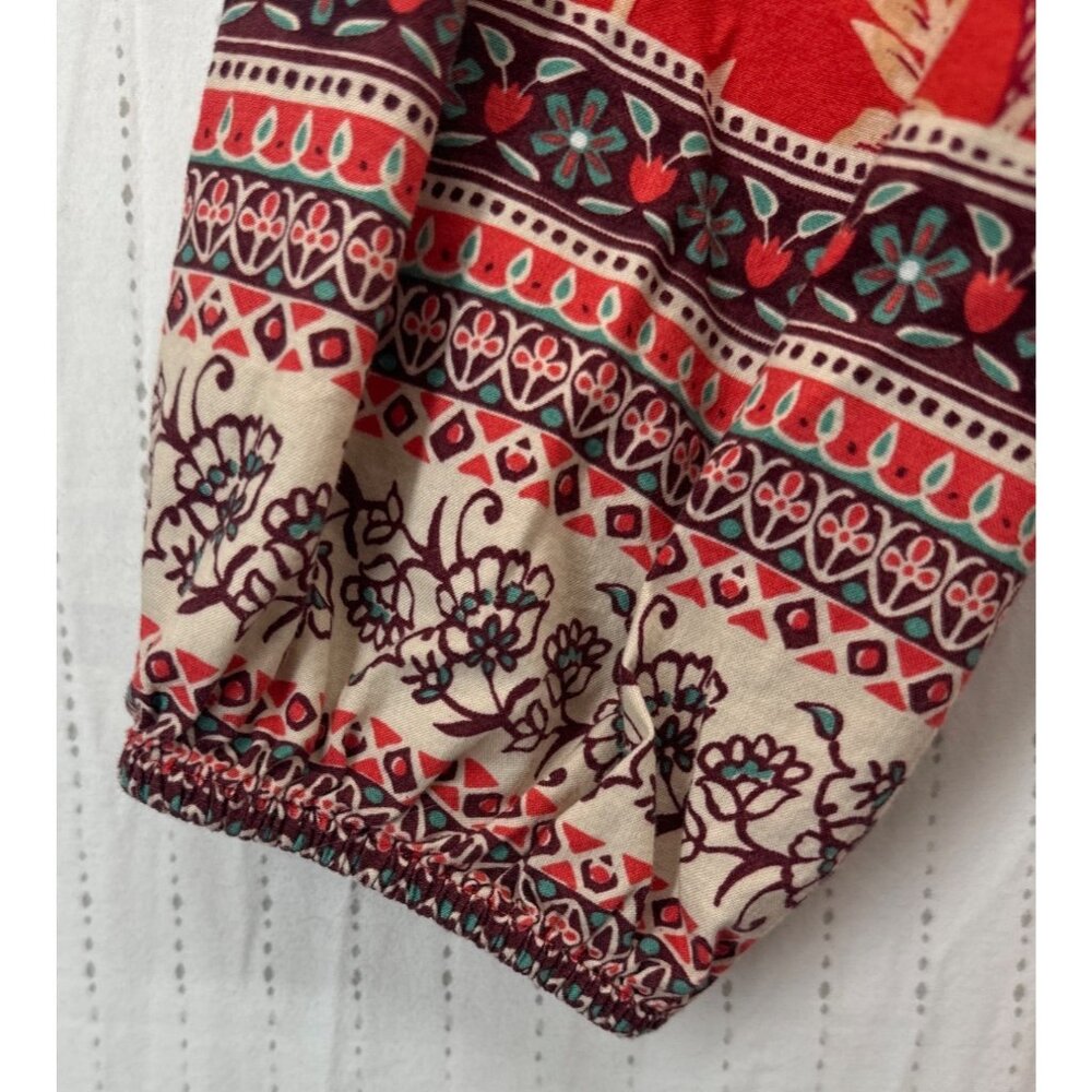 Beach Lunch Lounge Dress Sz M Orange Floral Boho Peasant Tasseled Casual 3/4Slv - Picture 3 of 14